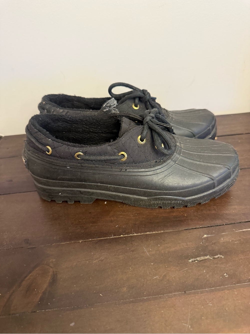 Sperry Saltwater Duck Shoes Black Faux Fur Lined Waterproof Rain Boots Women's 8